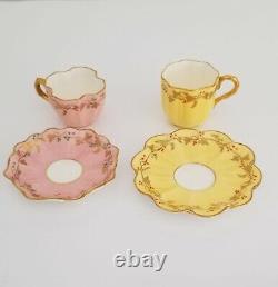 2 Rare Antique Miniature COALPORT Demitasse Cups Pink & Yellow w Jeweled Enamel