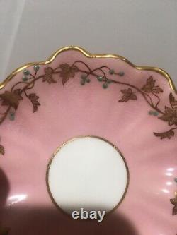 2 Rare Antique Miniature COALPORT Demitasse Cups Pink & Yellow w Jeweled Enamel