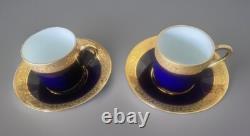2 Sets Vintage Limoges Cobalt Blue & Gold Porcelain Demitasse Cups & Saucers VGC