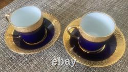 2 Sets Vintage Limoges Cobalt Blue & Gold Porcelain Demitasse Cups & Saucers VGC