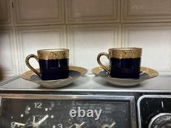2 Sets Vintage Limoges Cobalt Blue & Gold Porcelain Demitasse Cups & Saucers VGC