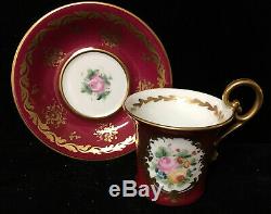 2 Sets of Sevres Red Demitasse Cup & Saucer Hand Painted Roses