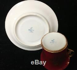 2 Sets of Sevres Red Demitasse Cup & Saucer Hand Painted Roses