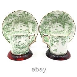 2 VTG 1940s Royal Crown Derby Green Aves Birds Demitasse Cup & Saucer Sets