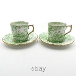 2 VTG 1940s Royal Crown Derby Green Aves Birds Demitasse Cup & Saucer Sets