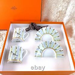 2 x HERMES Demitasse Coffee Cup & Saucer Les Matins De L'etang Porcelain withCase