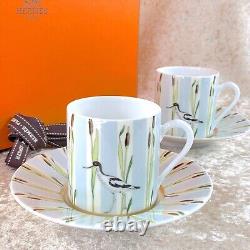 2 x HERMES Demitasse Coffee Cup & Saucer Les Matins De L'etang Porcelain withCase