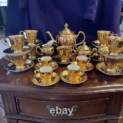 24 Karat Gold Tea Pot with9 Cups/Saucers, 4 Demitasse Cups/Saucers Sugar/Creamer