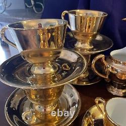 24 Karat Gold Tea Pot with9 Cups/Saucers, 4 Demitasse Cups/Saucers Sugar/Creamer