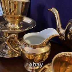 24 Karat Gold Tea Pot with9 Cups/Saucers, 4 Demitasse Cups/Saucers Sugar/Creamer