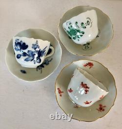 3 Antique Meissen Demitasse Cups & Saucers, Hand Painted, 1920s