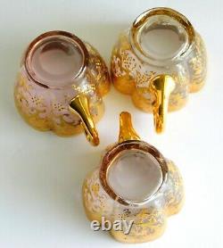 3 Gorgeous Antique Moser Bohemian Cranberry Gold Enamel Demitasse Cups & Saucers