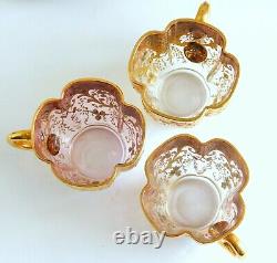3 Gorgeous Antique Moser Bohemian Cranberry Gold Enamel Demitasse Cups & Saucers