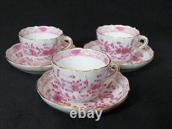 3 Meissen Indian Flower Pink Gold Demitasse Cups & Saucers Antique Porcelain