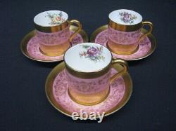 3 Paragon Rose Pink and Heavy Gilt (Gold) Demitasse Cups & Saucers c. 1905