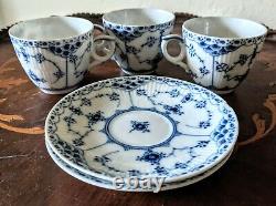 3 Royal Copenhagen Blue Fluted Half Lace Demitasse Cups # 528 Two Saucers