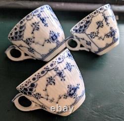 3 Royal Copenhagen Blue Fluted Half Lace Demitasse Cups # 528 Two Saucers