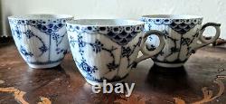 3 Royal Copenhagen Blue Fluted Half Lace Demitasse Cups # 528 Two Saucers