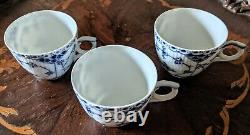 3 Royal Copenhagen Blue Fluted Half Lace Demitasse Cups # 528 Two Saucers