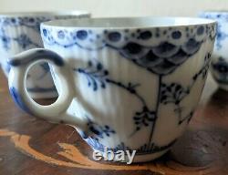 3 Royal Copenhagen Blue Fluted Half Lace Demitasse Cups # 528 Two Saucers