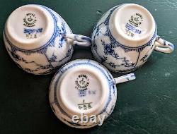 3 Royal Copenhagen Blue Fluted Half Lace Demitasse Cups # 528 Two Saucers