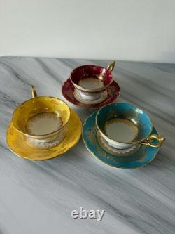 3 Vintage Coalport Tea Cups & Saucers Set Turquoise Burgundy Yellow