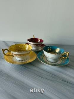 3 Vintage Coalport Tea Cups & Saucers Set Turquoise Burgundy Yellow