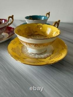 3 Vintage Coalport Tea Cups & Saucers Set Turquoise Burgundy Yellow