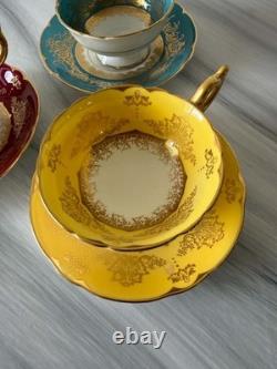 3 Vintage Coalport Tea Cups & Saucers Set Turquoise Burgundy Yellow