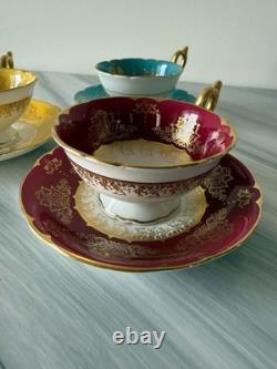 3 Vintage Coalport Tea Cups & Saucers Set Turquoise Burgundy Yellow
