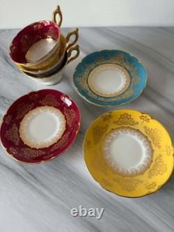 3 Vintage Coalport Tea Cups & Saucers Set Turquoise Burgundy Yellow 3 Vintage Coalport Tea Cups & Saucers Set Turquoise Burgundy Yellow