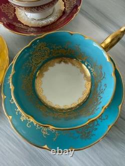3 Vintage Coalport Tea Cups & Saucers Set Turquoise Burgundy Yellow