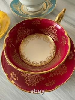 3 Vintage Coalport Tea Cups & Saucers Set Turquoise Burgundy Yellow