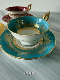 3 Vintage Coalport Tea Cups & Saucers Set Turquoise Burgundy Yellow
