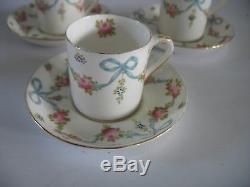 3 Vtg Crown Staffordshire blue bows & roses demitasse cup & saucer sets F4547