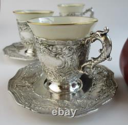 3 sets antique Lenox demitasse cups in Rococo style Webster silverplate holders
