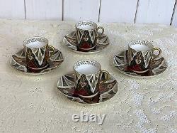 4 Antique Austria Alhambra Porcelain Chocolate Cups & 5 Saucers Set Demitasse
