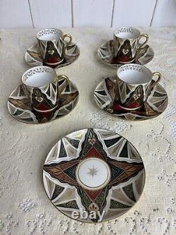 4 Antique Austria Alhambra Porcelain Chocolate Cups & 5 Saucers Set Demitasse