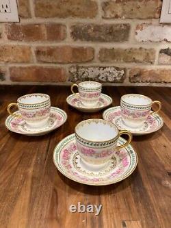 (4) Ch. Field Haviland Limoges Roses Gold Ivy Demitasse Cups & Sauces