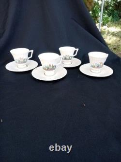 4 LENOX RUTLEDGE DEMITASSE CUPS & SAUCERS w ENAMELED FLOWERS & GOLD TRIM
