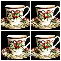 4 MINT TIFFANY & CO HOLIDAY WHITE DEMITASSE ESPRESSO CUP SAUCER CHRISTMAS cups