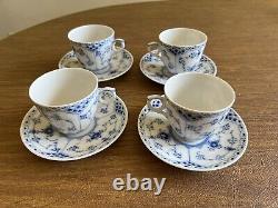 4 Royal Copenhagen Blue Fluted Half Lace Demitasse Cup & Saucers 719 1st Quality