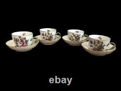 (4 Sets) Flowers Herend Gold Rim Demitasse Cups & Saucers #1728 Hand painted