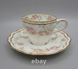4 Theodore Haviland Demitasse Cups/Saucers -Pink Roses/Blue Scroll Schleiger 340