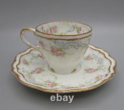 4 Theodore Haviland Demitasse Cups/Saucers -Pink Roses/Blue Scroll Schleiger 340