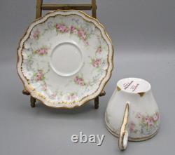 4 Theodore Haviland Demitasse Cups/Saucers -Pink Roses/Blue Scroll Schleiger 340