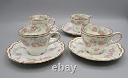 4 Theodore Haviland Demitasse Cups/Saucers -Pink Roses/Blue Scroll Schleiger 340