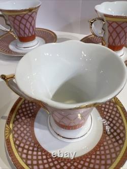 4 VTG MC Porcelain Demitasse Cup & Saucer Set Pink Gold Hollywood Regency MINT