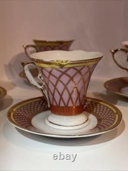 4 VTG MC Porcelain Demitasse Cup & Saucer Set Pink Gold Hollywood Regency MINT