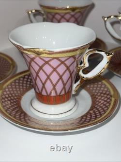 4 VTG MC Porcelain Demitasse Cup & Saucer Set Pink Gold Hollywood Regency MINT